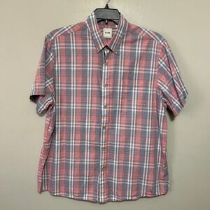 ROWM Mens Button Down Shirt XL Plaid Pink Blue White 100% Cotton Short Sleeve